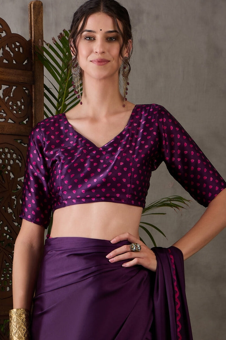 Grape Purple Printed Satin Silk Saree