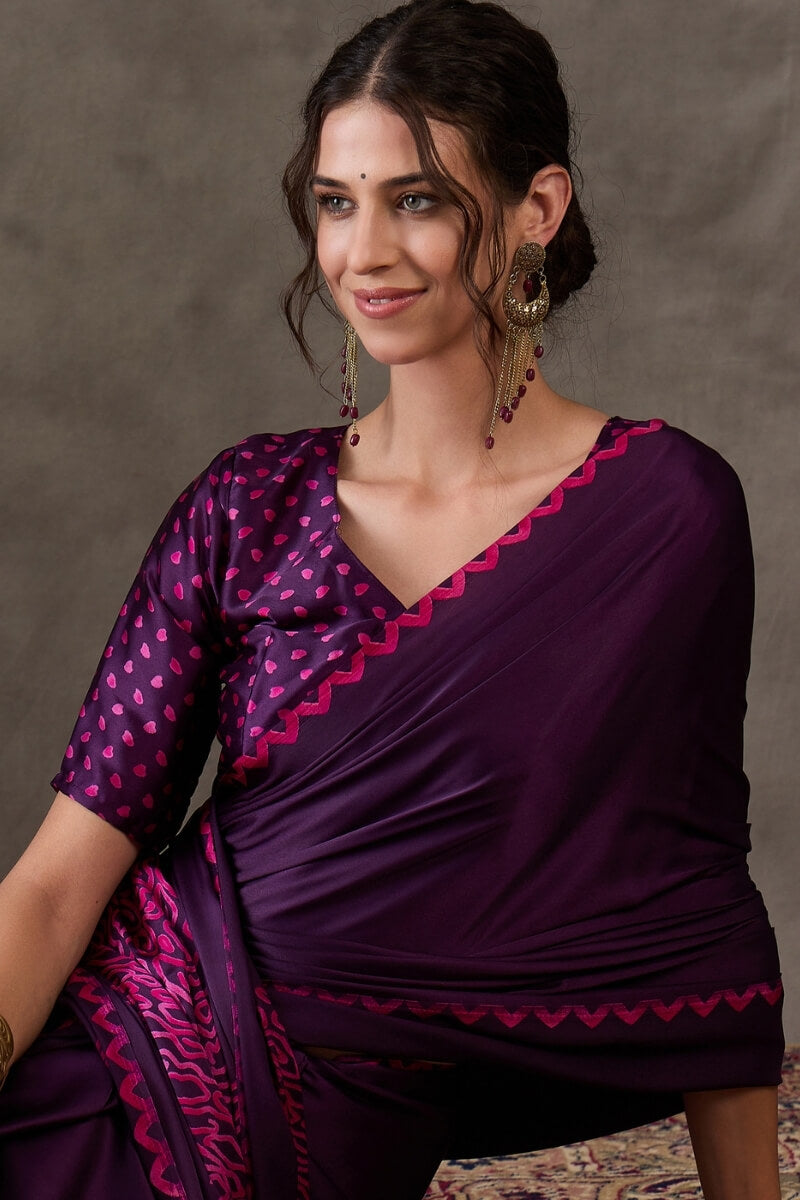 Grape Purple Printed Satin Silk Saree