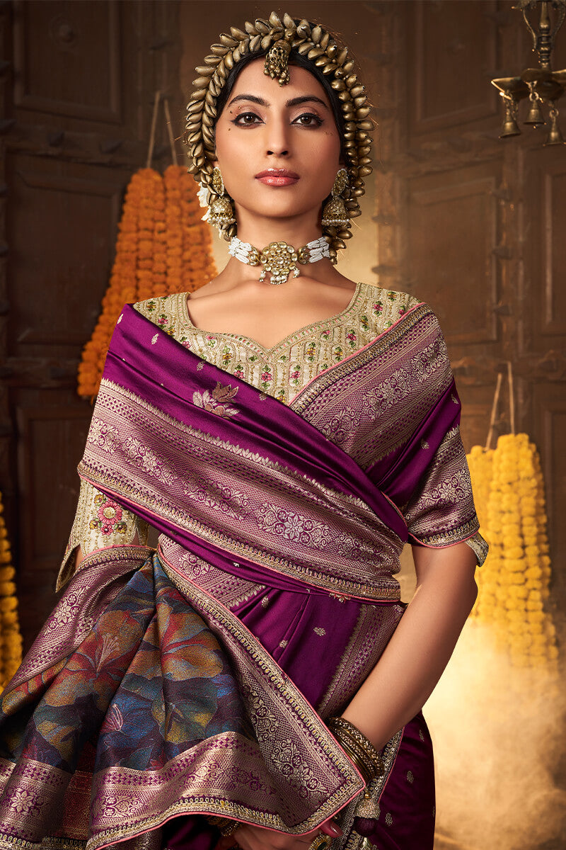 Grape Purple Pure Silk Saree With Embroidery Blouse
