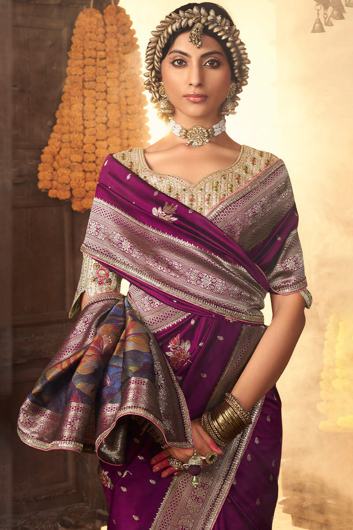 Grape Purple Pure Silk Saree With Embroidery Blouse