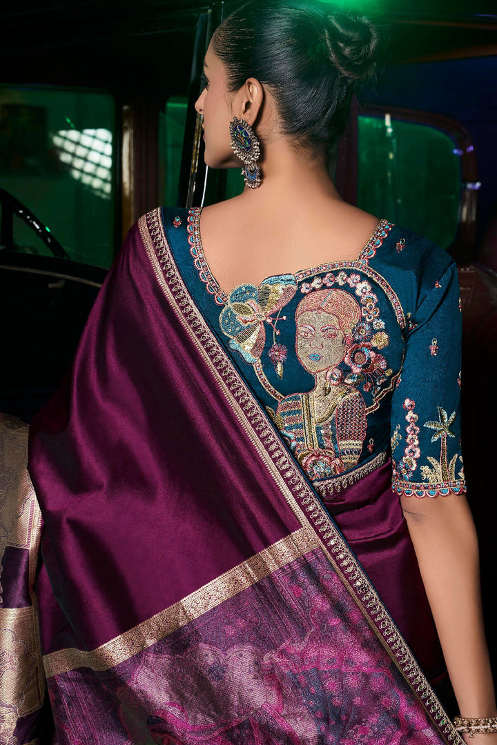 Grape Purple Pure Silk Saree With Fancy Lace Border and Embroidery Blouse