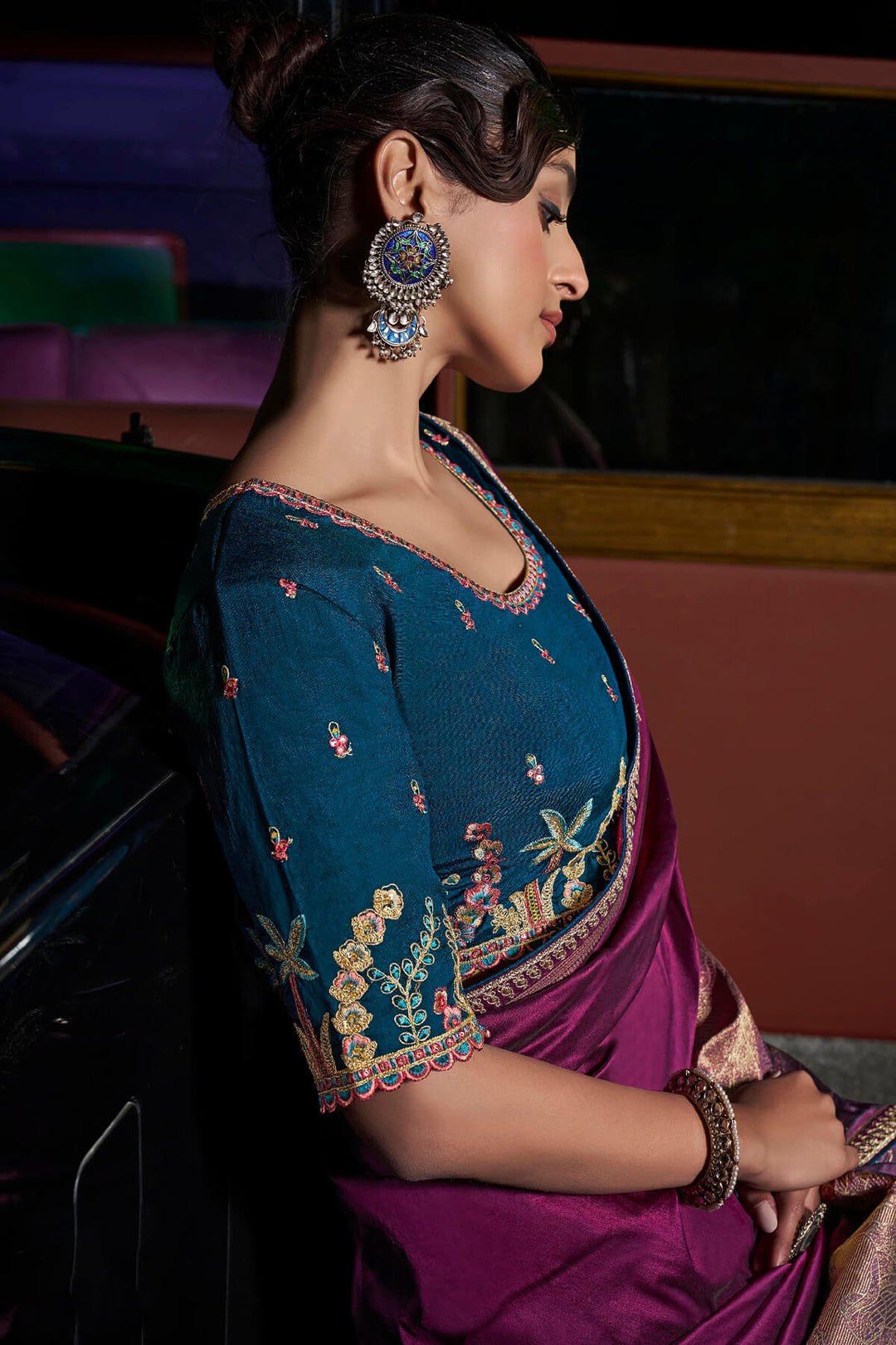 Grape Purple Pure Silk Saree With Fancy Lace Border and Embroidery Blouse