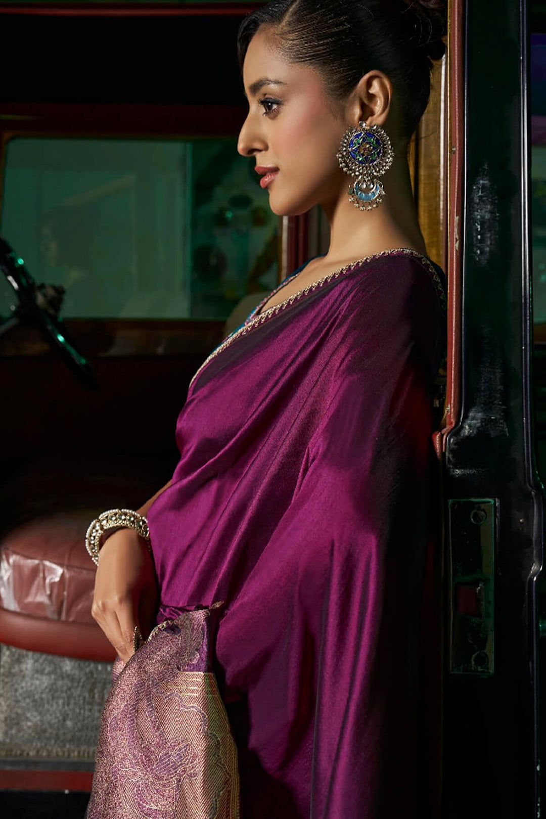 Grape Purple Pure Silk Saree With Fancy Lace Border and Embroidery Blouse