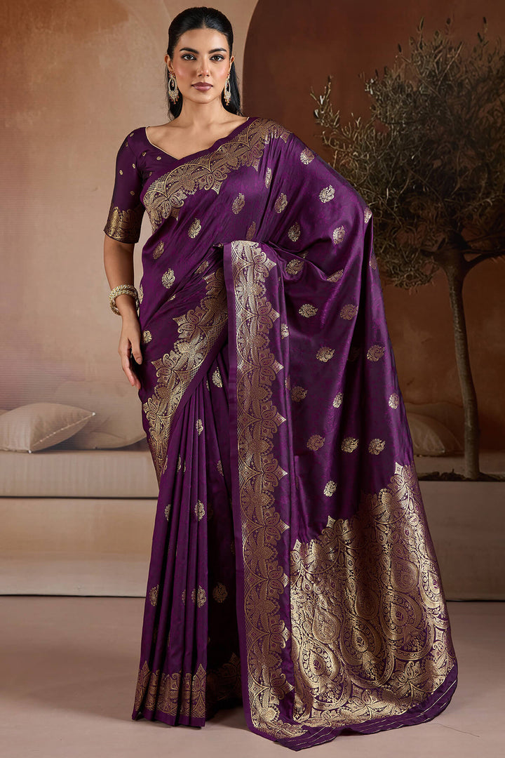 Grape Purple Zari Handloom Soft Banarasi Silk Saree