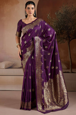 Grape Purple Zari Handloom Soft Banarasi Silk Saree