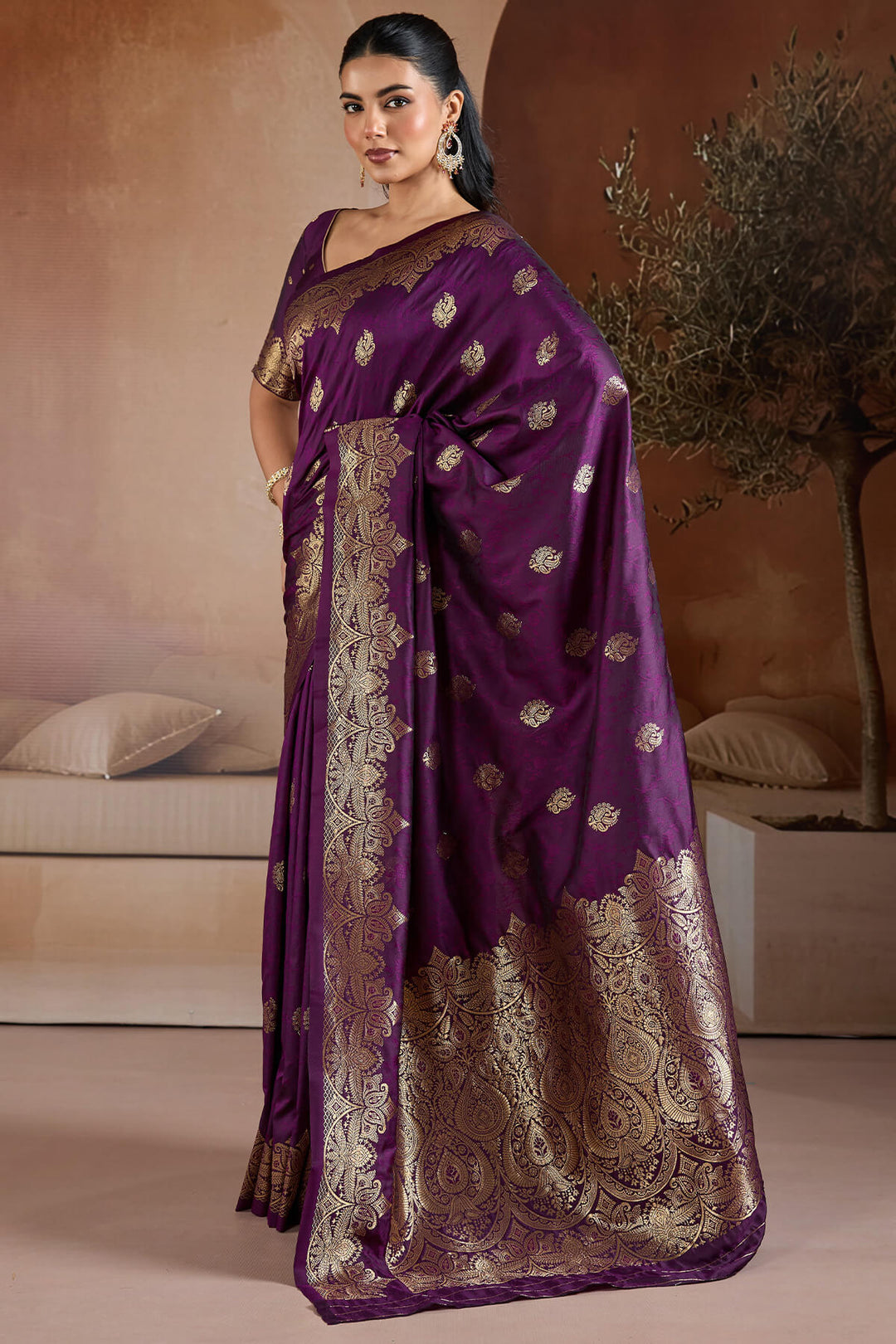 Grape Purple Zari Handloom Soft Banarasi Silk Saree