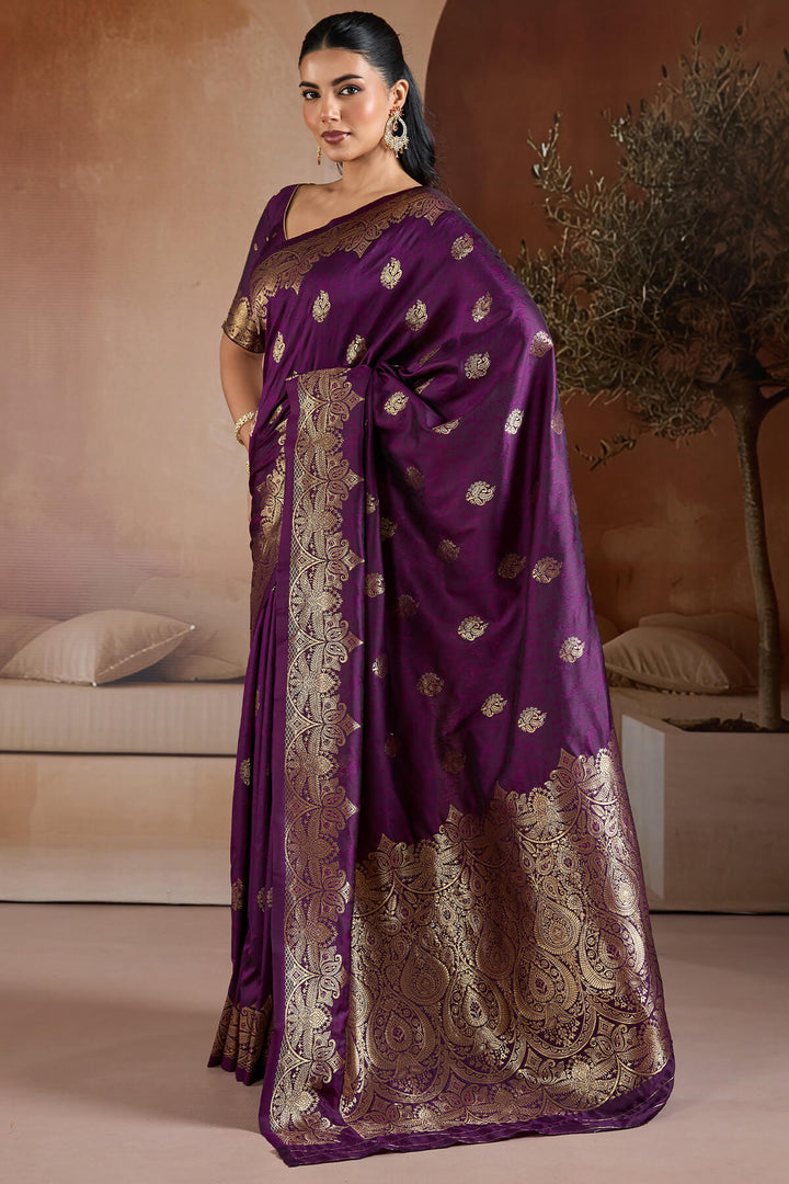 Grape Purple Zari Handloom Soft Banarasi Silk Saree