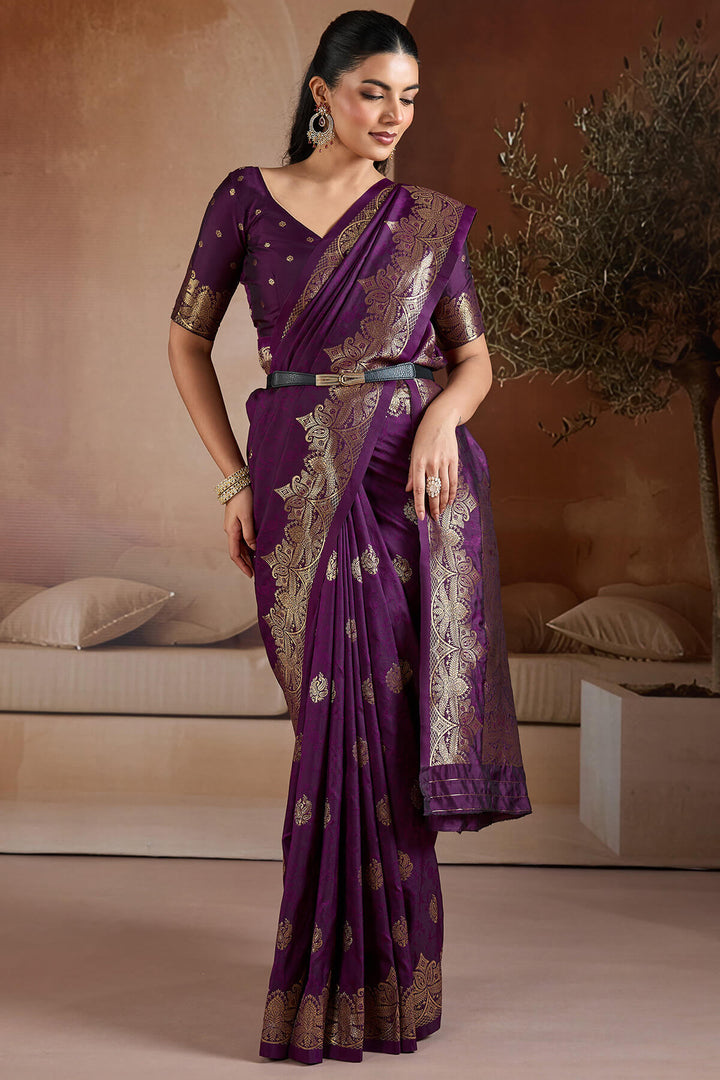 Grape Purple Zari Handloom Soft Banarasi Silk Saree