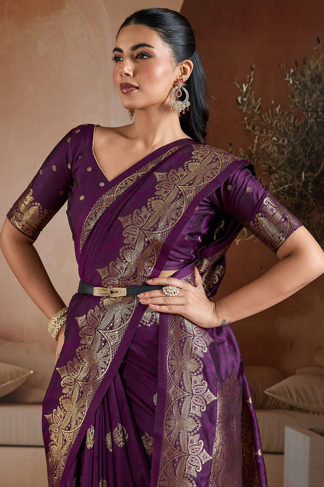 Grape Purple Zari Handloom Soft Banarasi Silk Saree