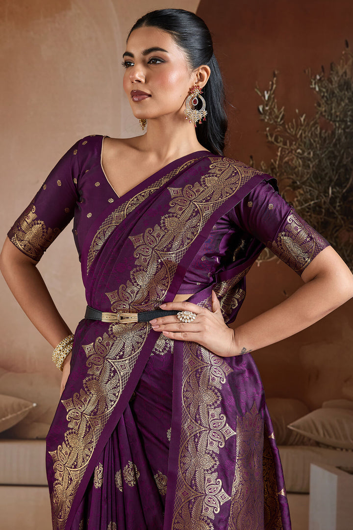 Grape Purple Zari Handloom Soft Banarasi Silk Saree