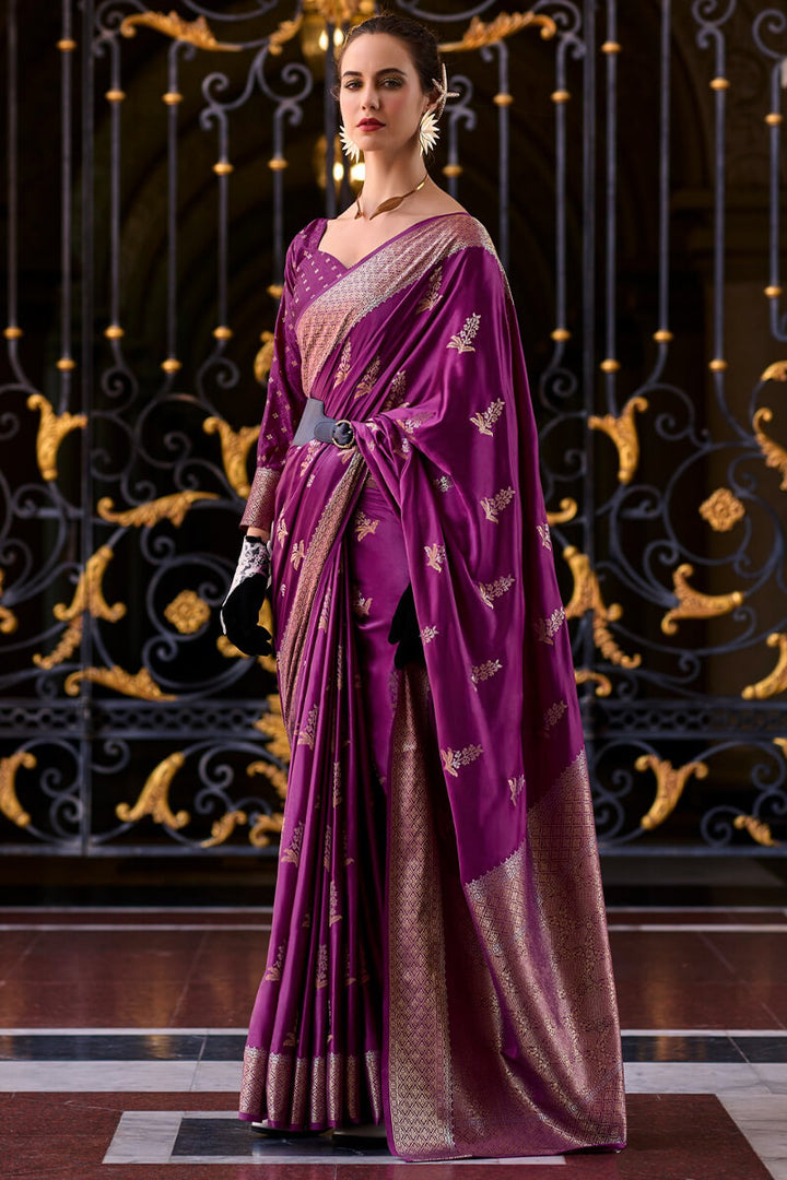 Grape Purple Zari Woven Banarasi Satin Silk Saree