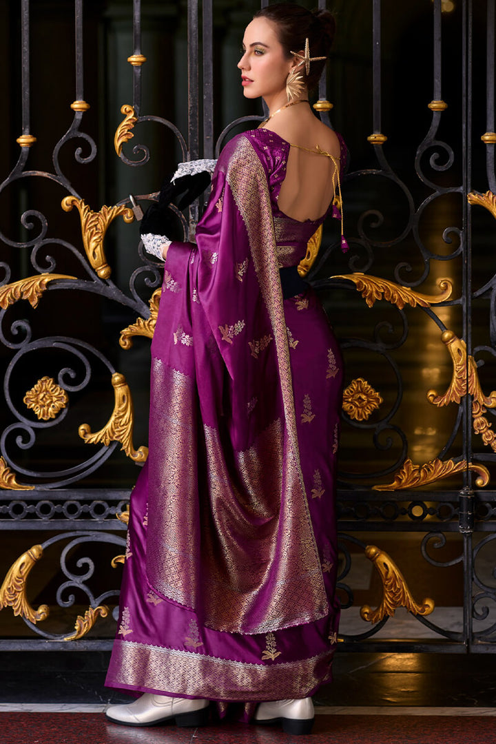 Grape Purple Zari Woven Banarasi Satin Silk Saree