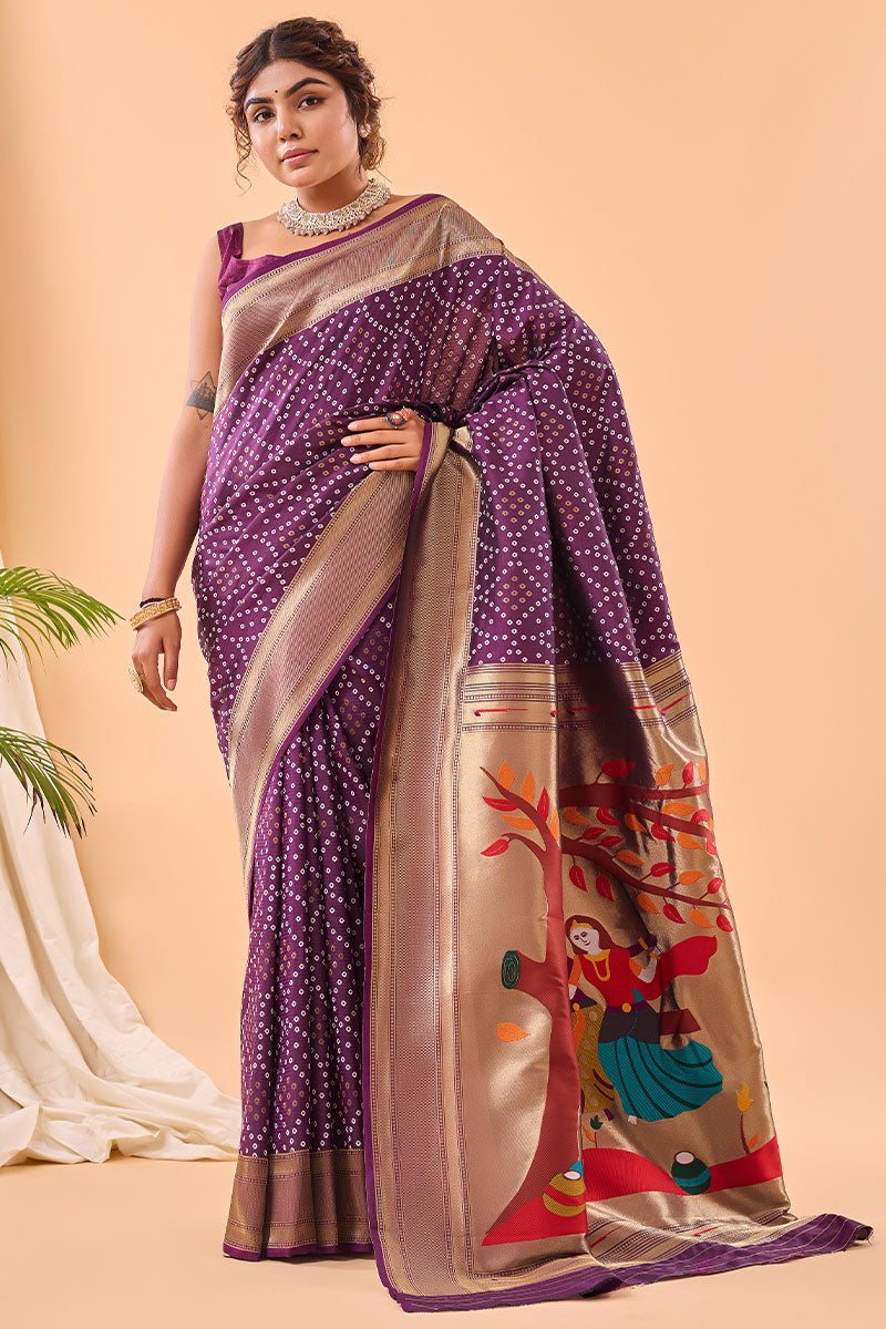 Grape Purple Zari Woven Paithani Silk Saree