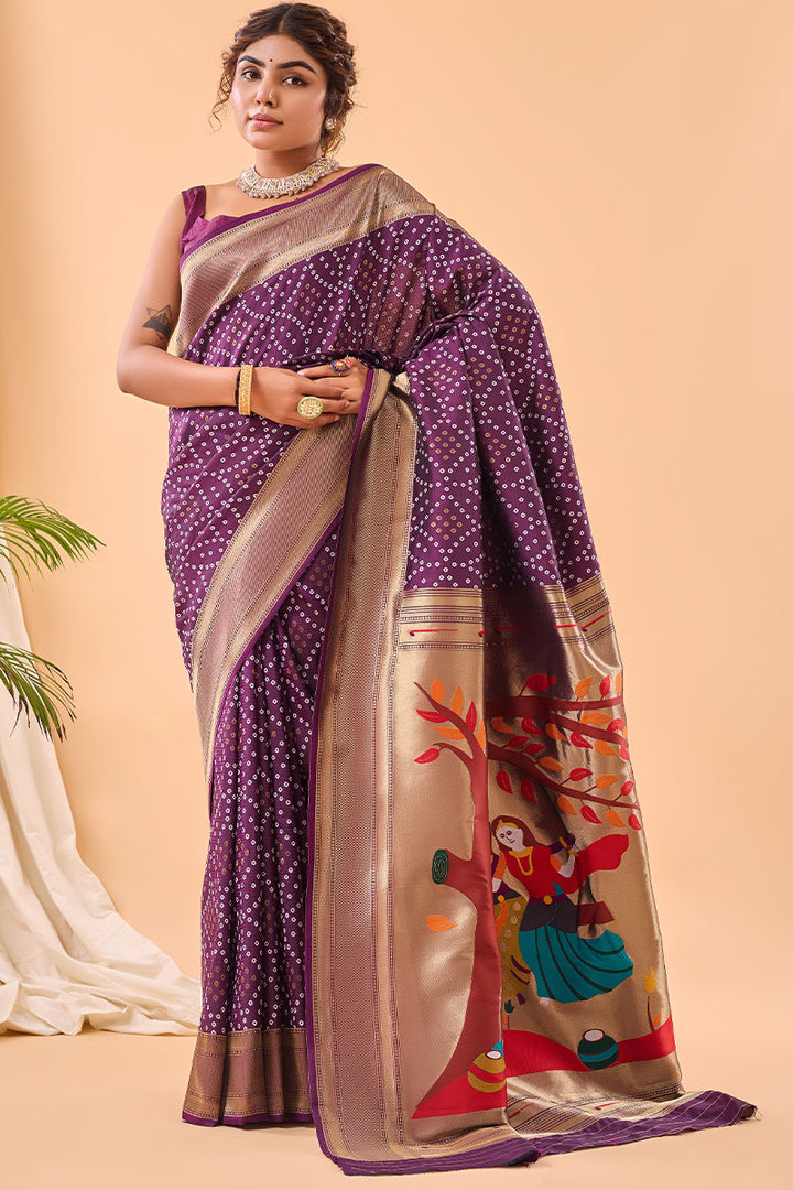 Grape Purple Zari Woven Paithani Silk Saree