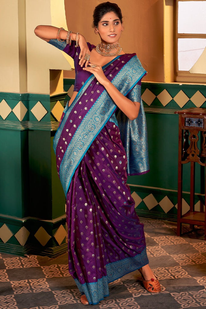 Grape Purple Zari Woven Soft Banarasi Silk Saree