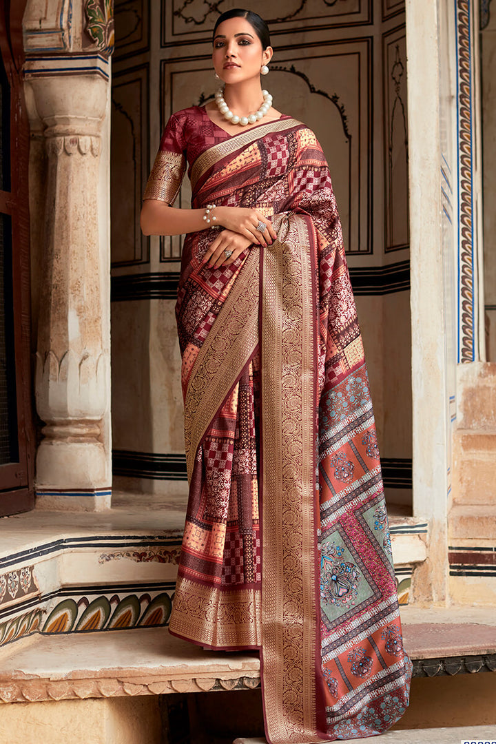 Grape Wine Printed Dola Silk Saree