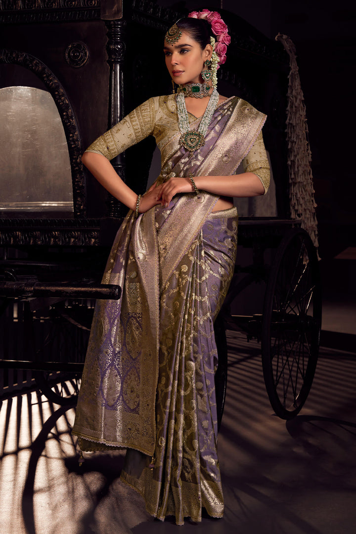 Gravel Purple Pure Satin Based Fancy Silk Saree with Designer Blouse Piece