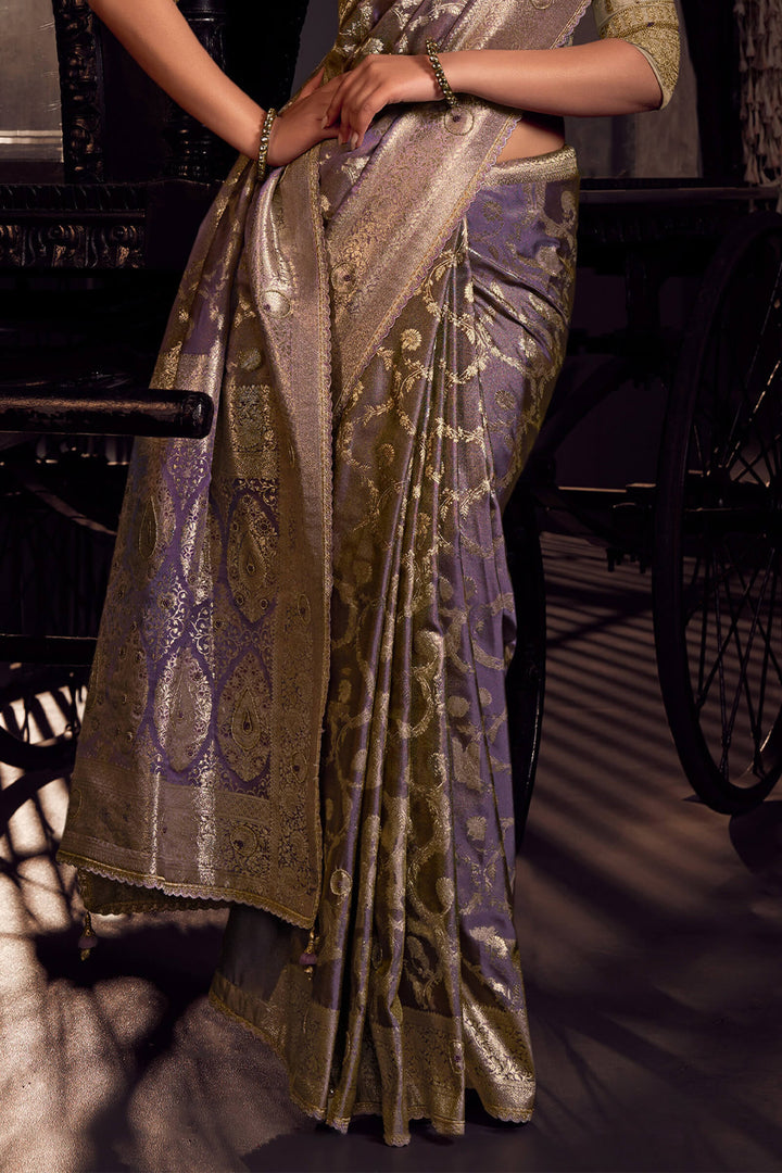 Gravel Purple Pure Satin Based Fancy Silk Saree with Designer Blouse Piece