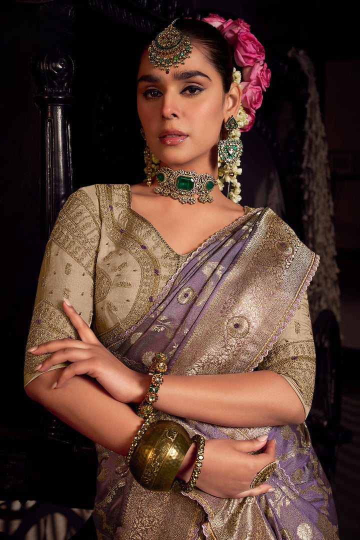 Gravel Purple Pure Satin Based Fancy Silk Saree with Designer Blouse Piece