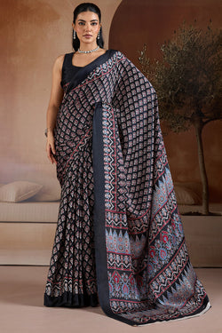 Grease Black Ajrakh Printed Satin Crepe Silk Saree