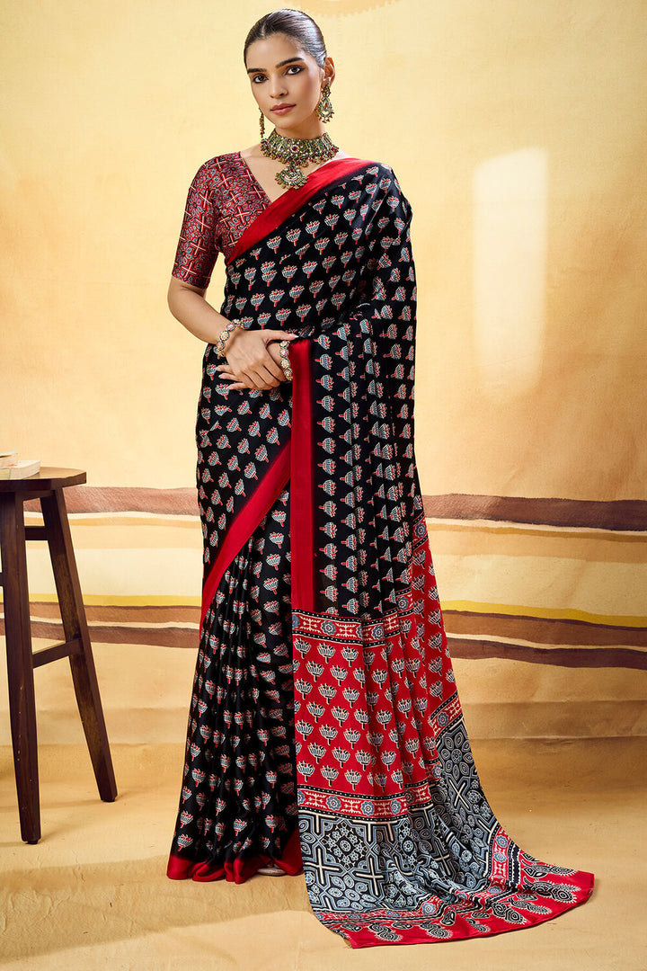 Grease Black Ajrakh Printed Semi Modal Satin Silk Saree