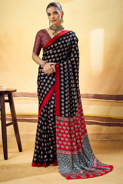Grease Black Ajrakh Printed Semi Modal Satin Silk Saree