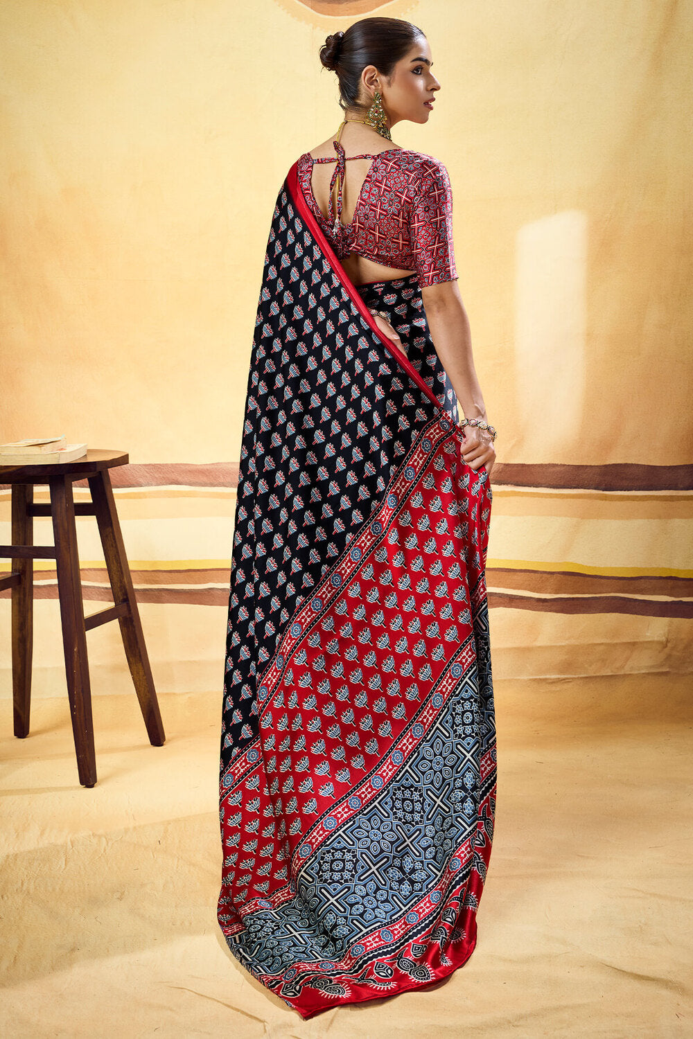 Grease Black Ajrakh Printed Semi Modal Satin Silk Saree