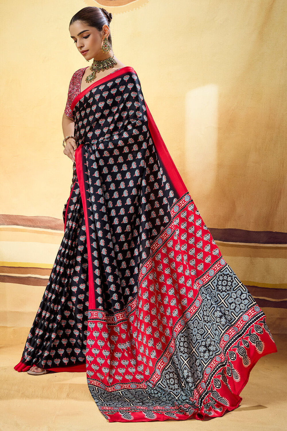 Grease Black Ajrakh Printed Semi Modal Satin Silk Saree