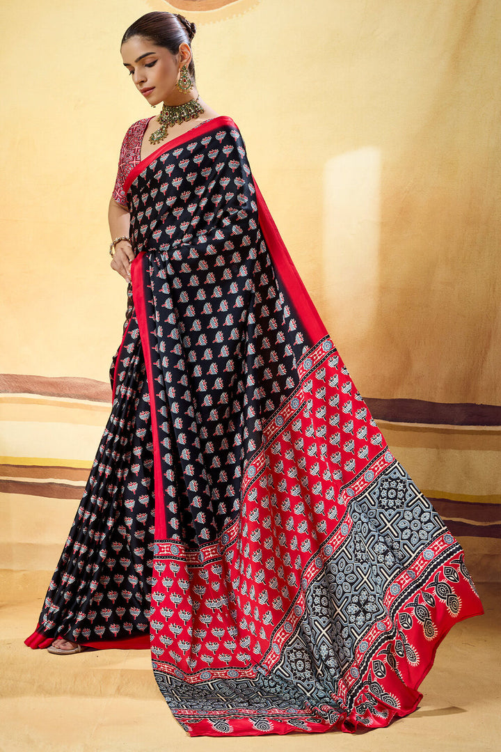 Grease Black Ajrakh Printed Semi Modal Satin Silk Saree