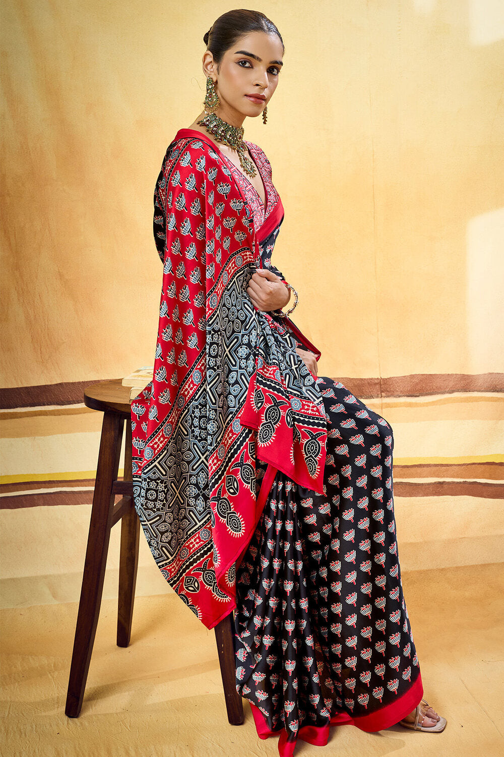 Grease Black Ajrakh Printed Semi Modal Satin Silk Saree