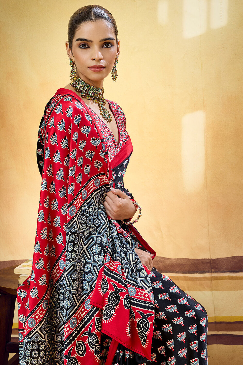 Grease Black Ajrakh Printed Semi Modal Satin Silk Saree