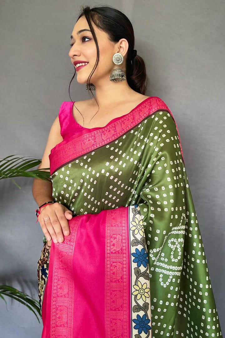 Green and Beige Bandhej Printed Silk Saree