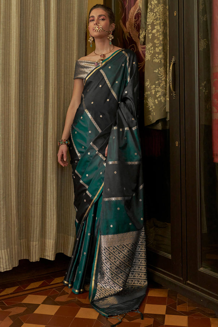 Green and Black Banarasi satin silk saree
