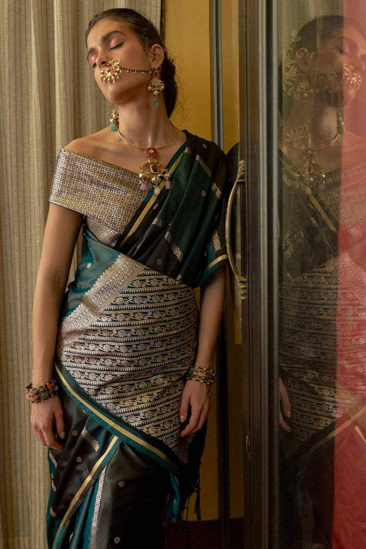 Green and Black Banarasi satin silk saree