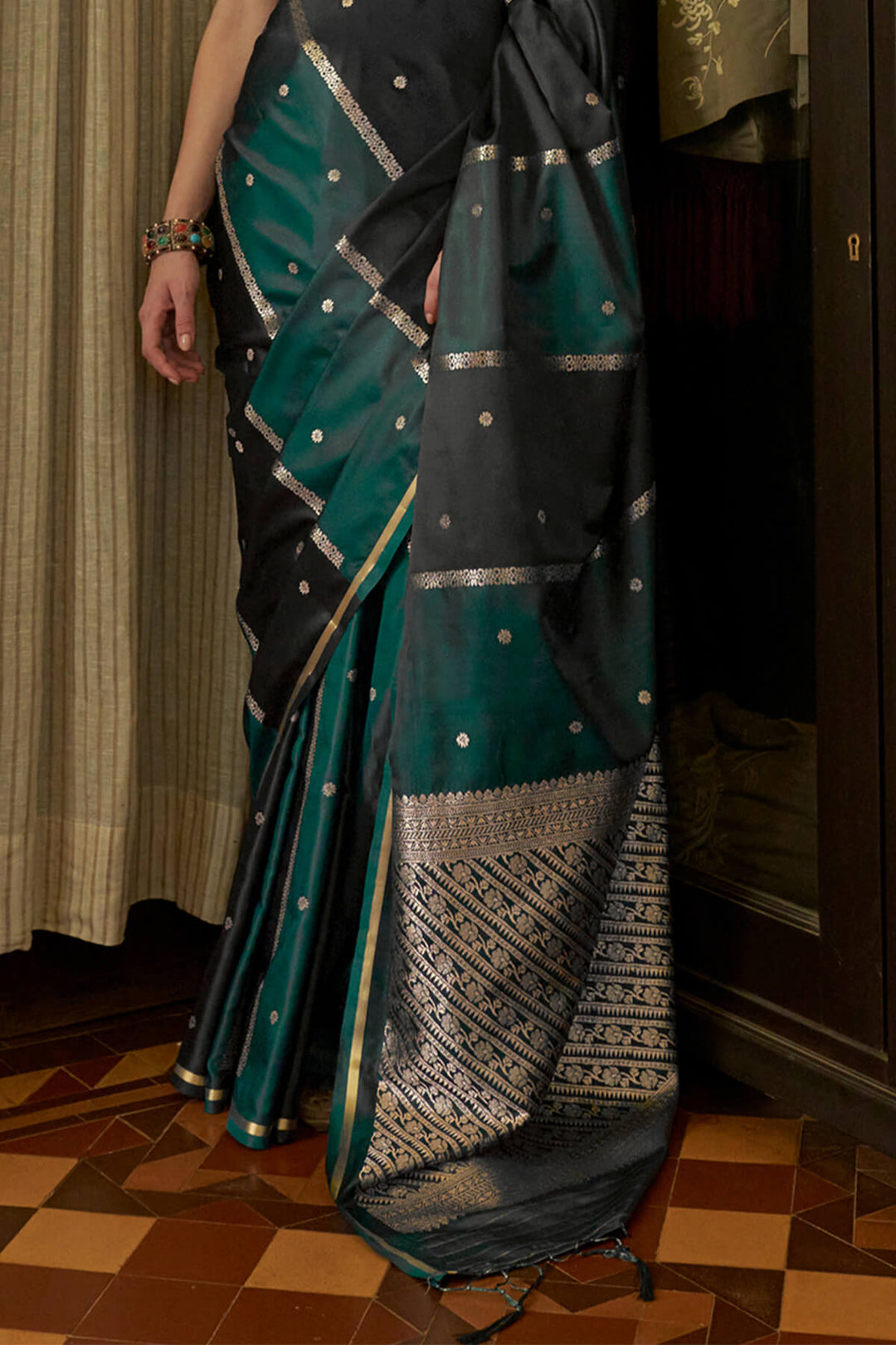 Green and Black Banarasi satin silk saree