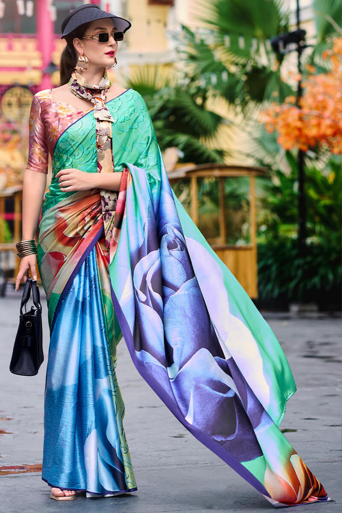 Green and Blue Printed Satin Crepe Silk Saree