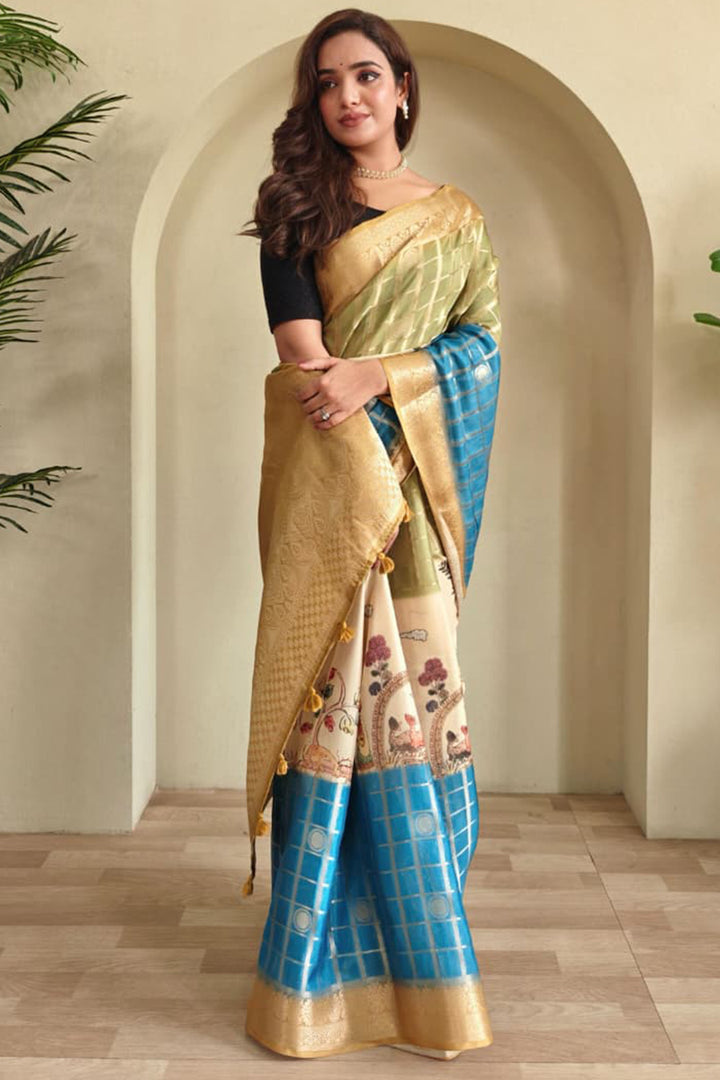 Green and Blue Printed Zari Woven Georgette Silk Saree