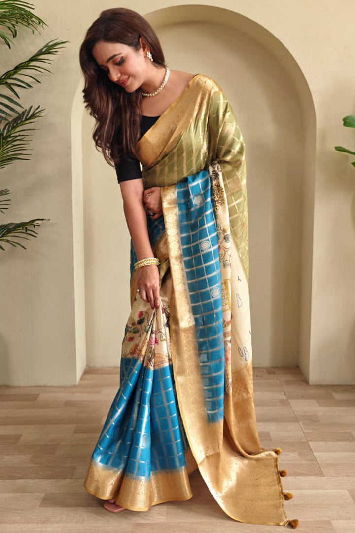 Green and Blue Printed Zari Woven Georgette Silk Saree