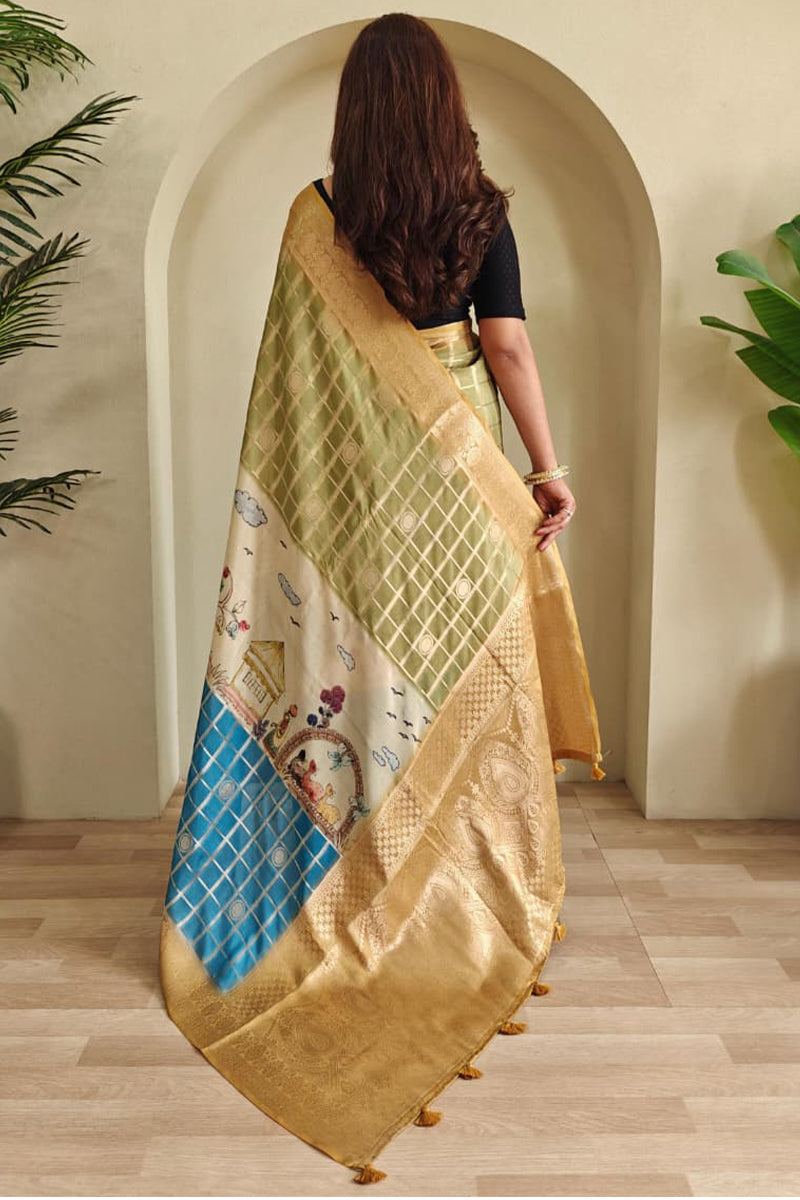 Green and Blue Printed Zari Woven Georgette Silk Saree
