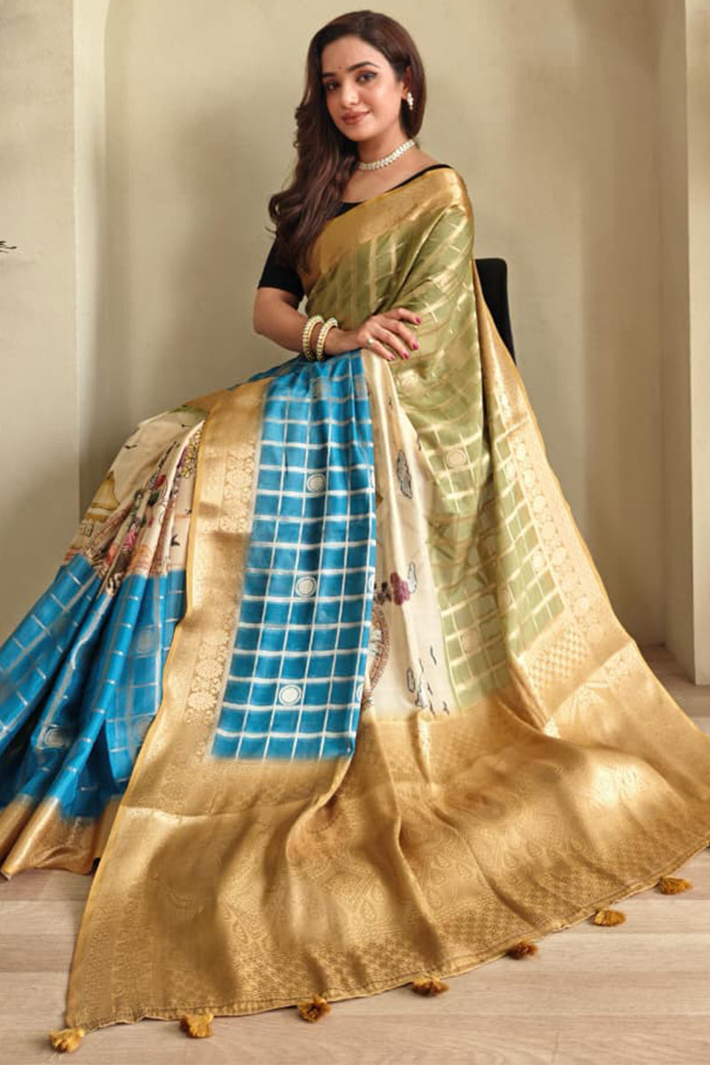 Green and Blue Printed Zari Woven Georgette Silk Saree