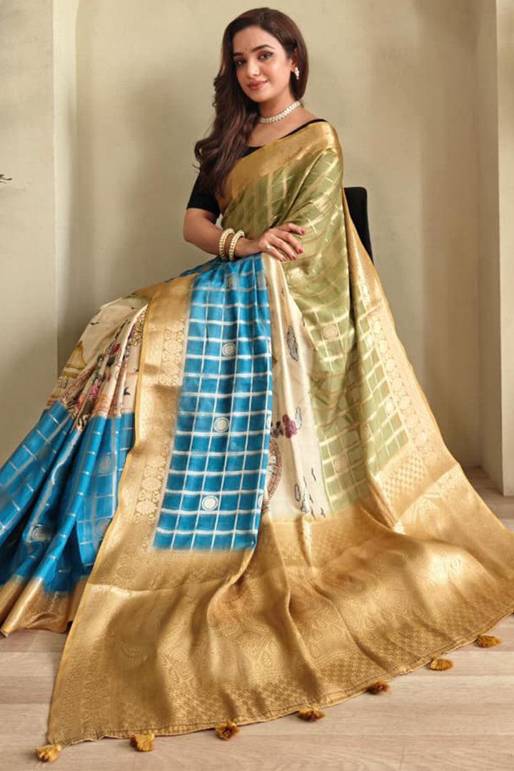 Green and Blue Printed Zari Woven Georgette Silk Saree