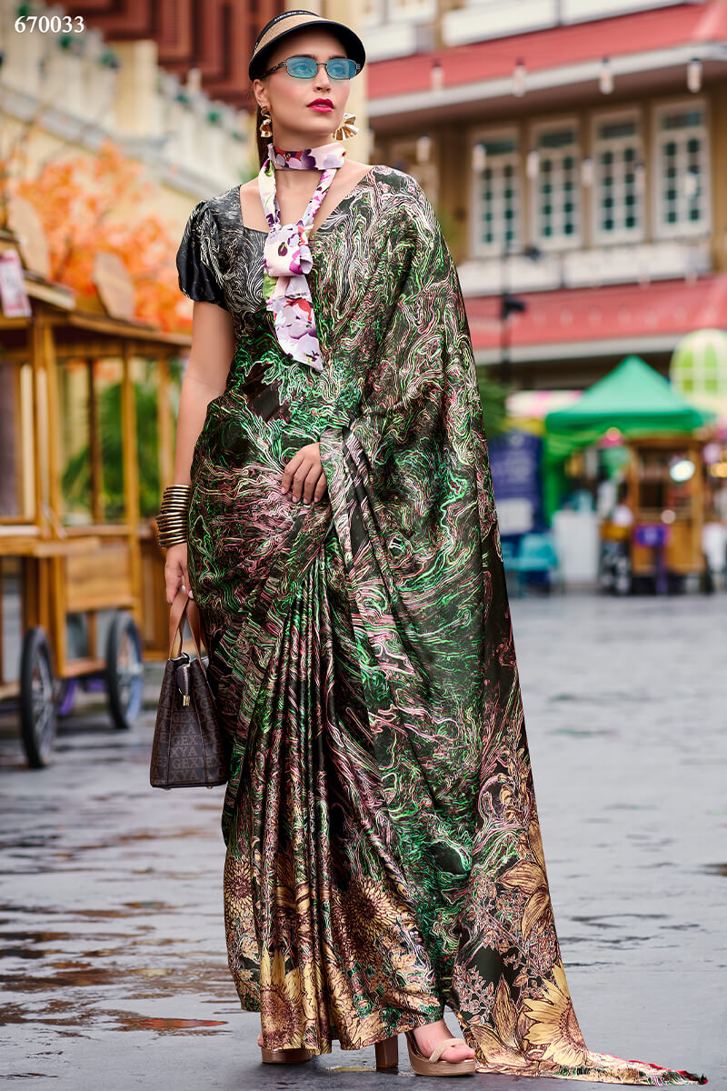 Green and Brown Printed Satin Crepe Silk Saree