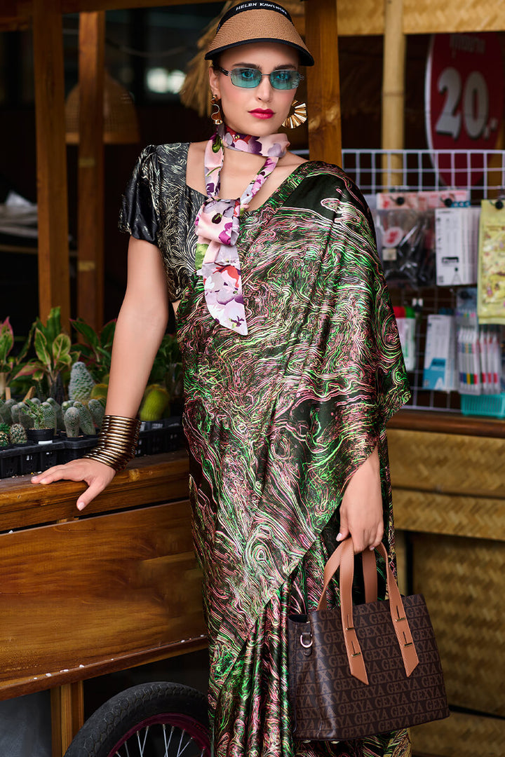 Green and Brown Printed Satin Crepe Silk Saree