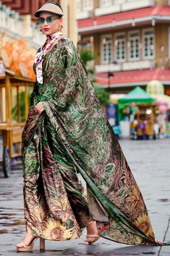 Green and Brown Printed Satin Crepe Silk Saree