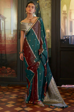 Green and Maroon Banarasi satin silk saree