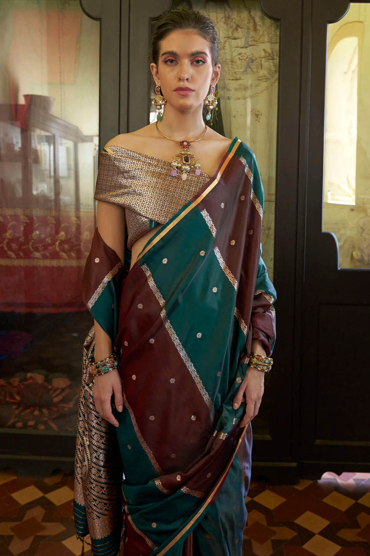 Green and Maroon Banarasi satin silk saree