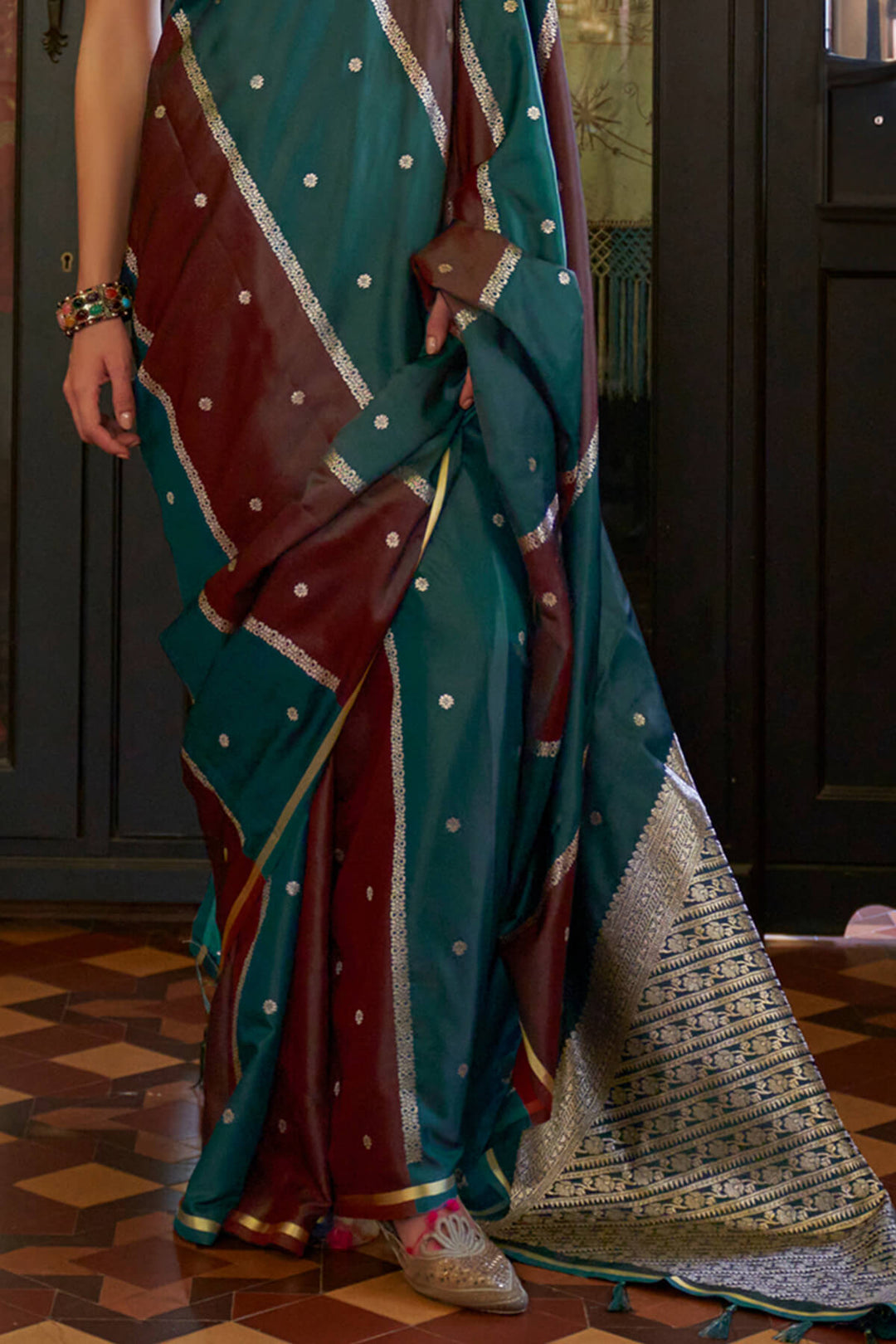 Green and Maroon Banarasi satin silk saree