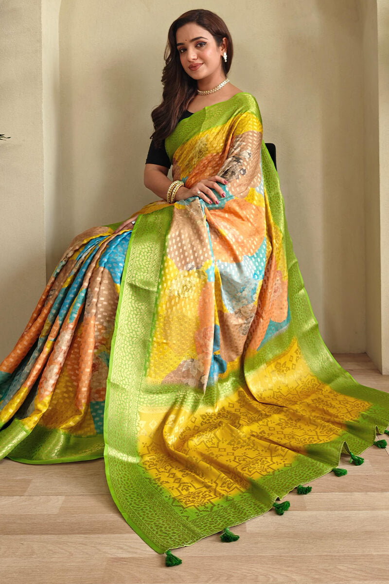 Green and Multi Color Printed Georgette Woven saree