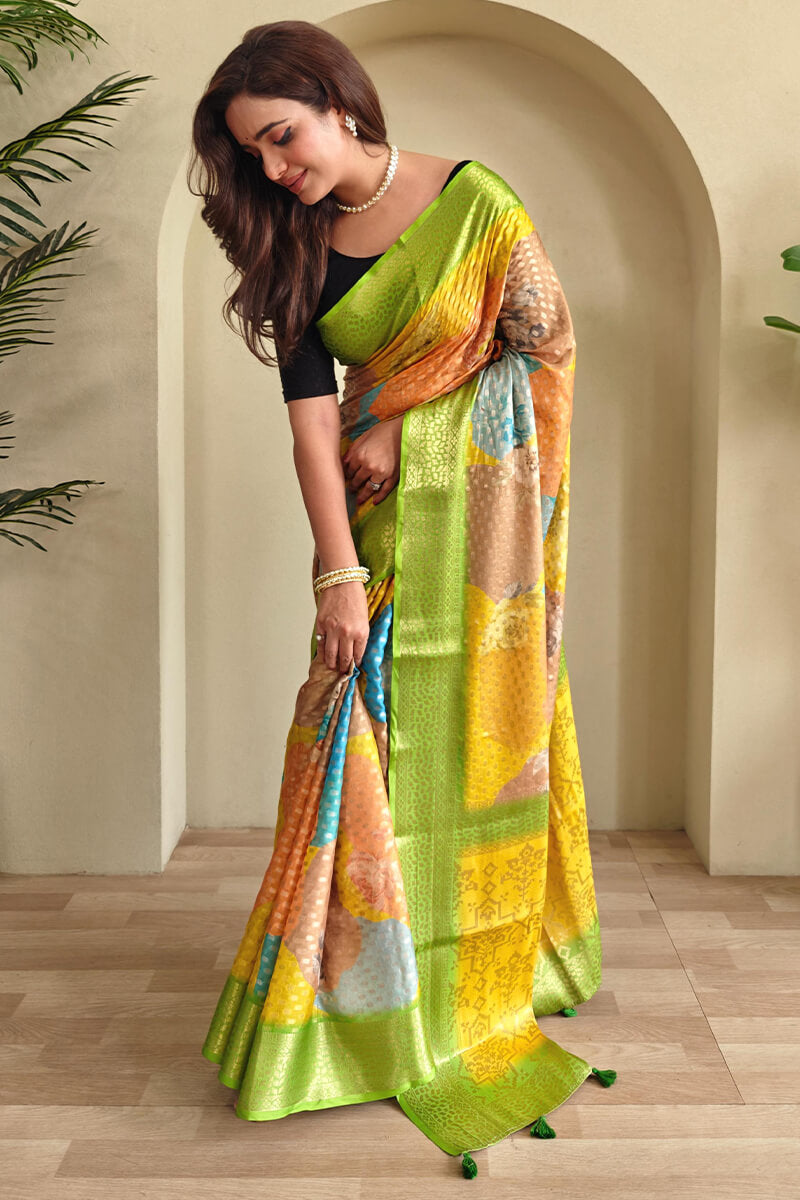 Green and Multi Color Printed Georgette Woven saree