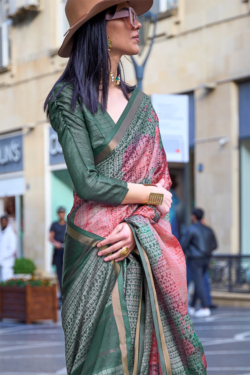 Green and Pink Printed Handloom Weaving Silk Saree